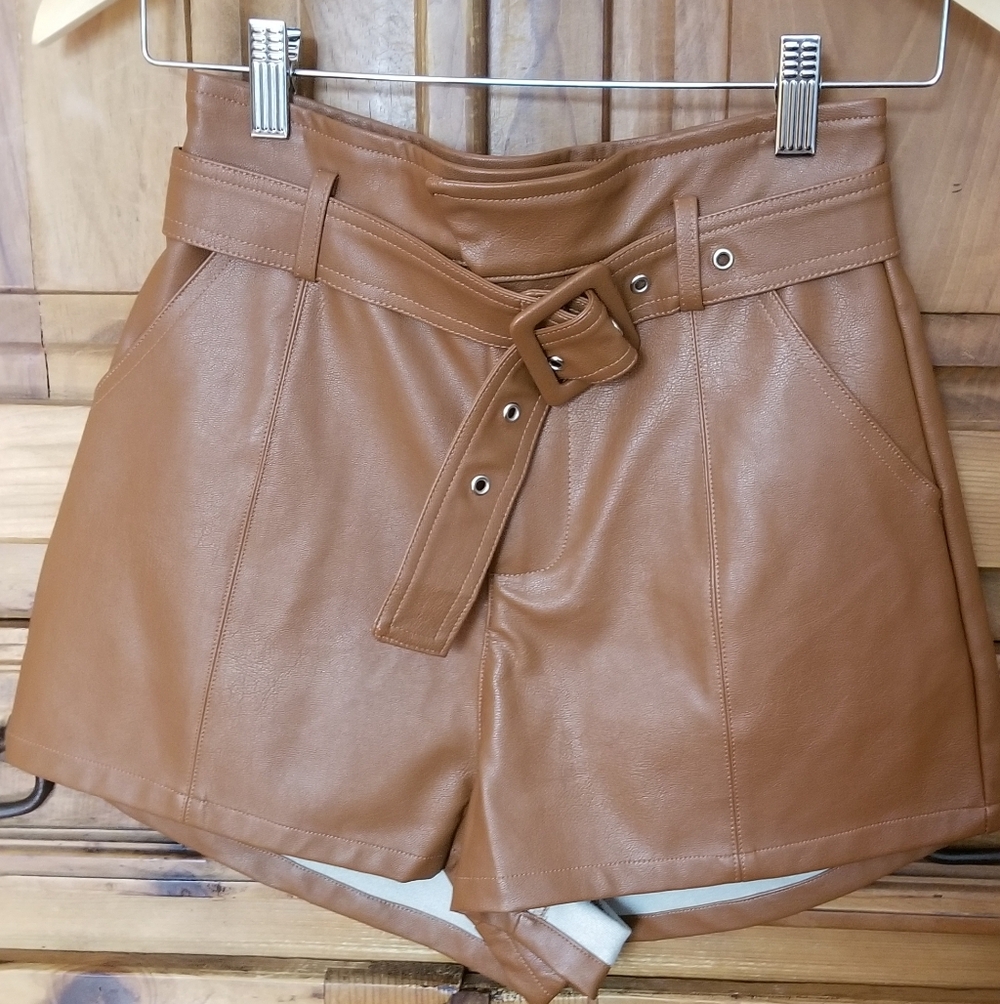 Altar'd State High-Waist Faux Leather Paperbag Shorts in Tan